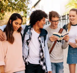 Picture of female and male college students returning to campus