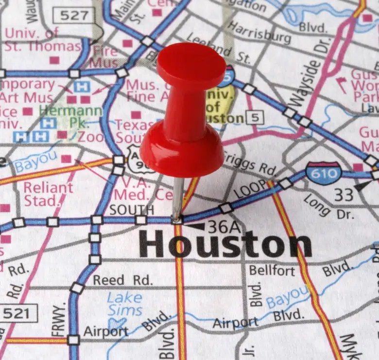 map with red push pin in the city core of houston texas